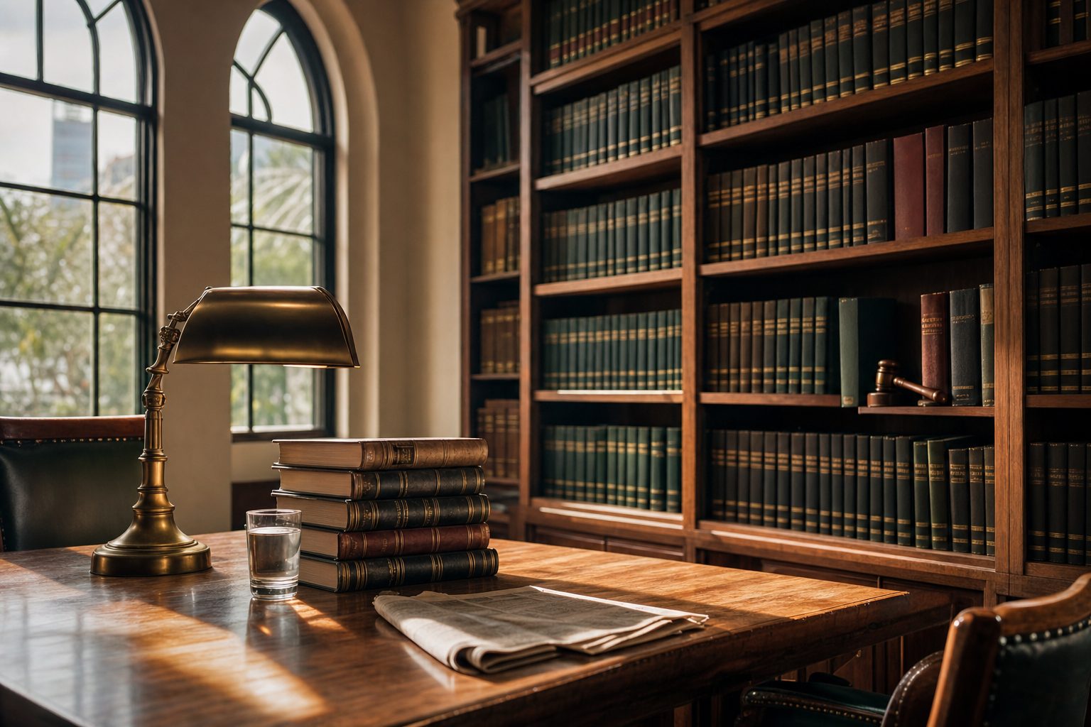 Sunlit chambers of a Kenyan law firm: leather-bound law reports, brass desk lamp, and mahogany reading table.