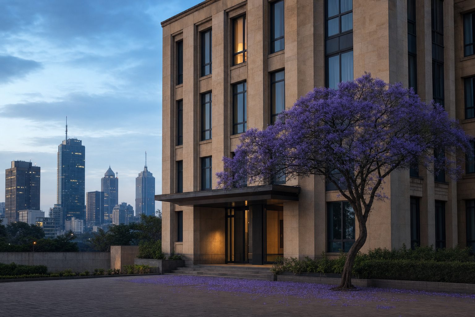 Discreet sandstone office building in Nairobi at blue hour, with a flowering jacaranda tree at the entrance and the city skyline behind.