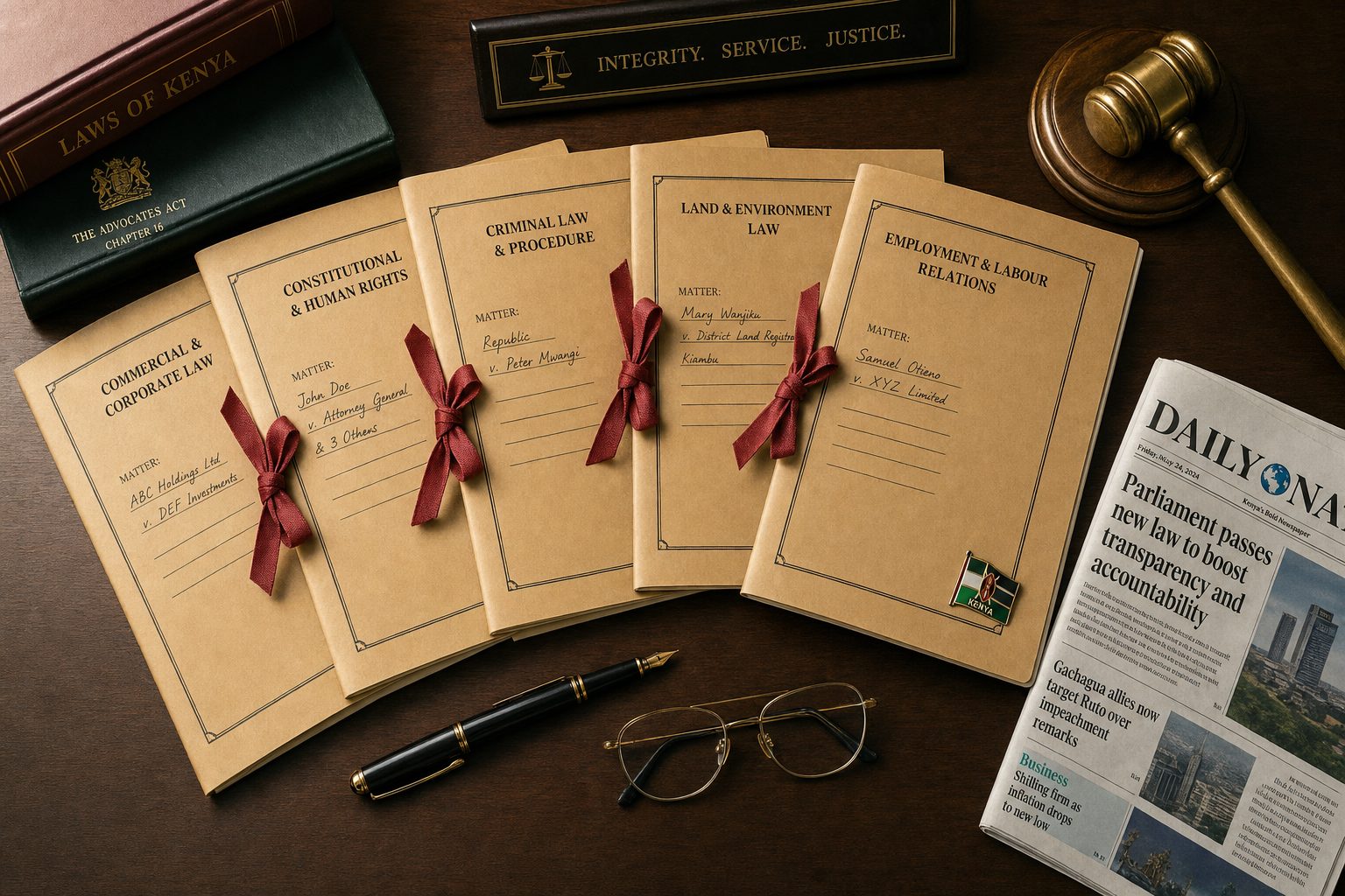 Five case folders tied with red legal ribbon on a Kenyan advocate’s desk, alongside a fountain pen, reading glasses, and the Daily Nation.