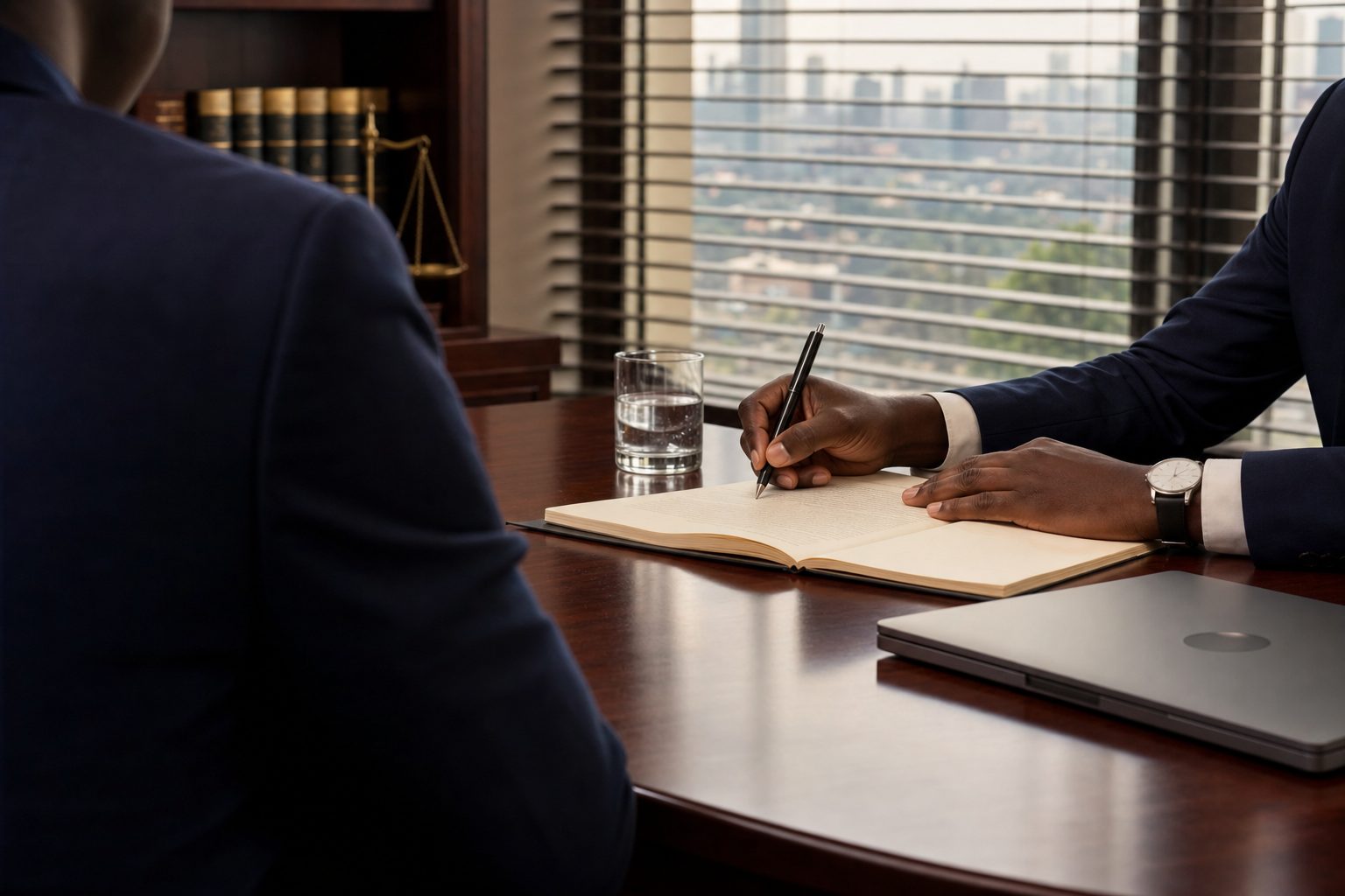 Two advocates working across a mahogany conference table with a laptop and open document, Nairobi skyline seen through louvered blinds.