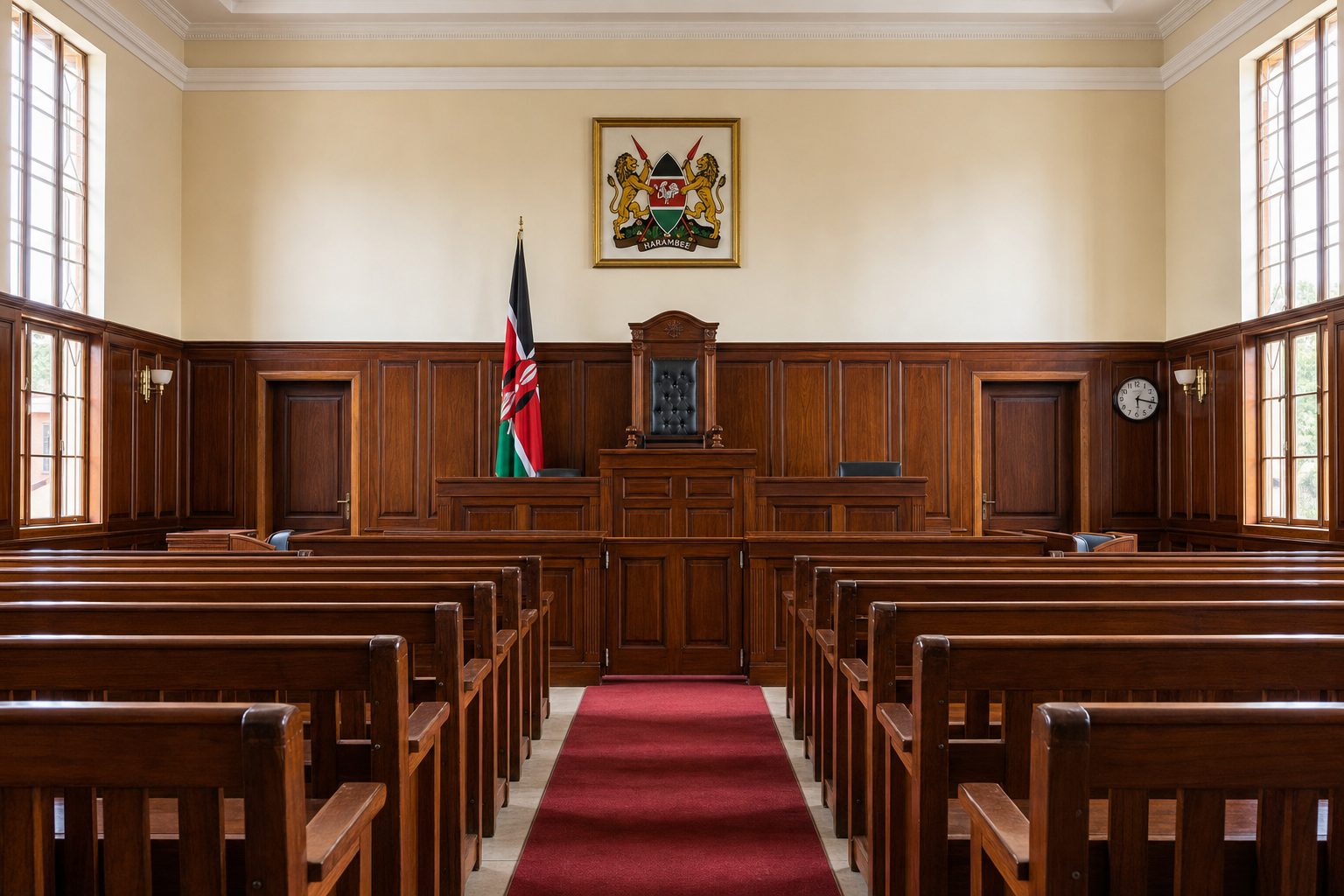 Interior of a Kenyan courtroom with the Coat of Arms of Kenya, a Kenyan flag, and the bench.